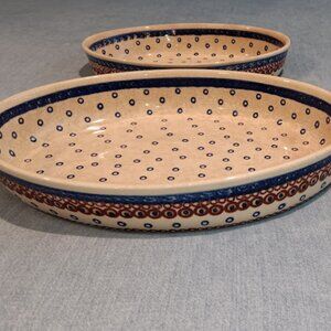 2 - Vtg Boleslawiec Polish Pottery 14 & 12" Baking Casserole Dish Crackle Glass